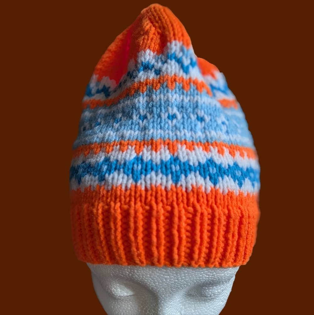 Hand-Knit Fair Isle Beanie – Orange, Blue & White – Adult Size XS / Teen